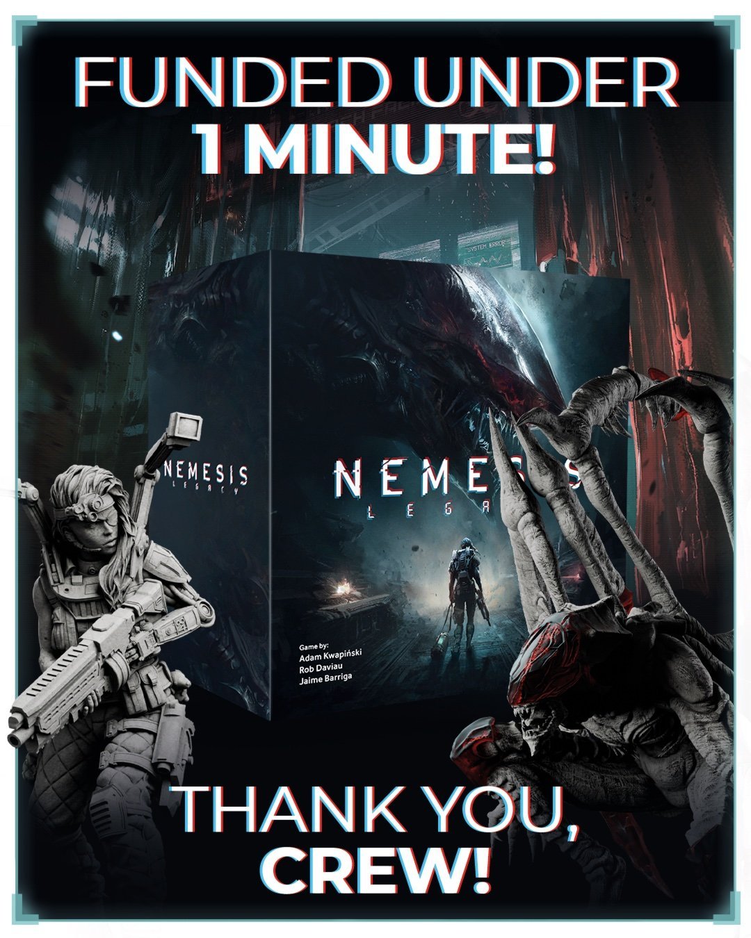 Nemesis Legacy kutusu ve yaratık minyatürü, bir dakikadan kısa sürede fonlandı yazısı