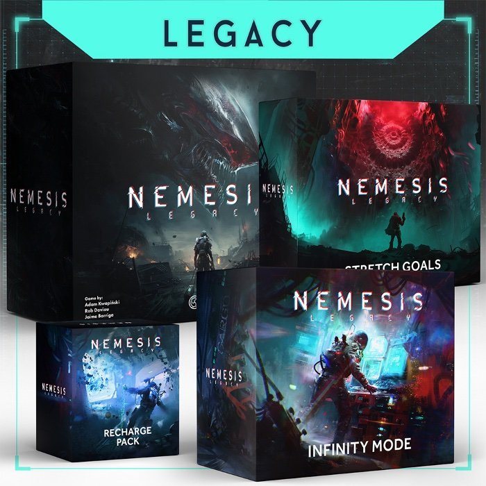 Nemesis Legacy ana kutu, stretch goal kutusu, Recharge Pack ve Infinity Mode kutuları