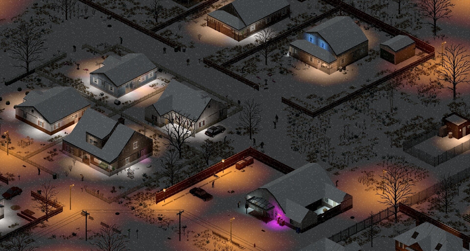 Project Zomboid Build 42 yeni ışıklandırmayla gece kasaba