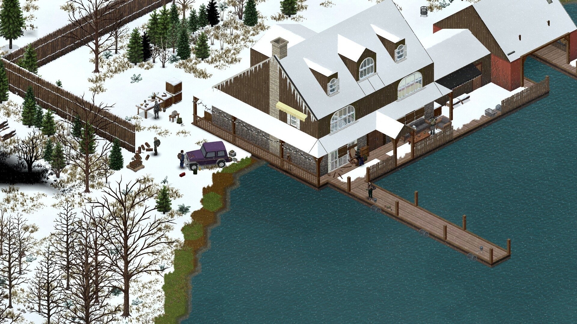 Project Zomboid kışın karla kaplı göl evi ve iskele