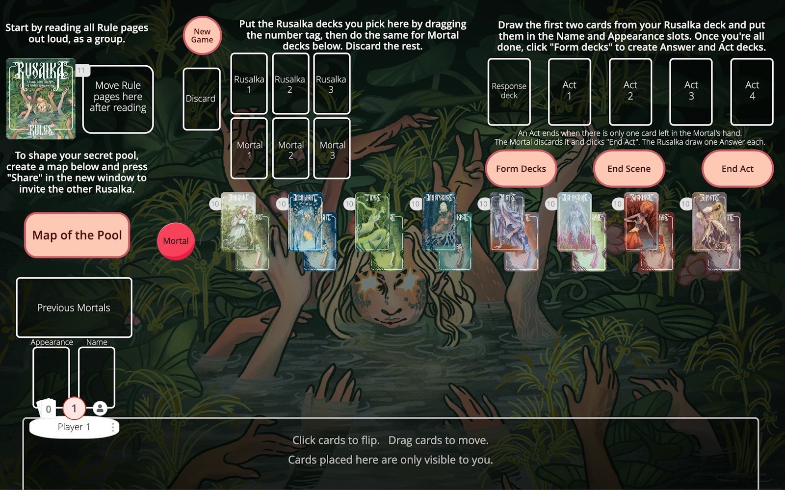 Rusałka playingcards.io sanal masası ve gölden uzanan eller