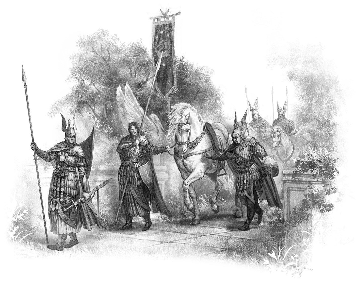 Gondor muhafızlarını ve beyaz bir atı gösteren siyah beyaz çizim