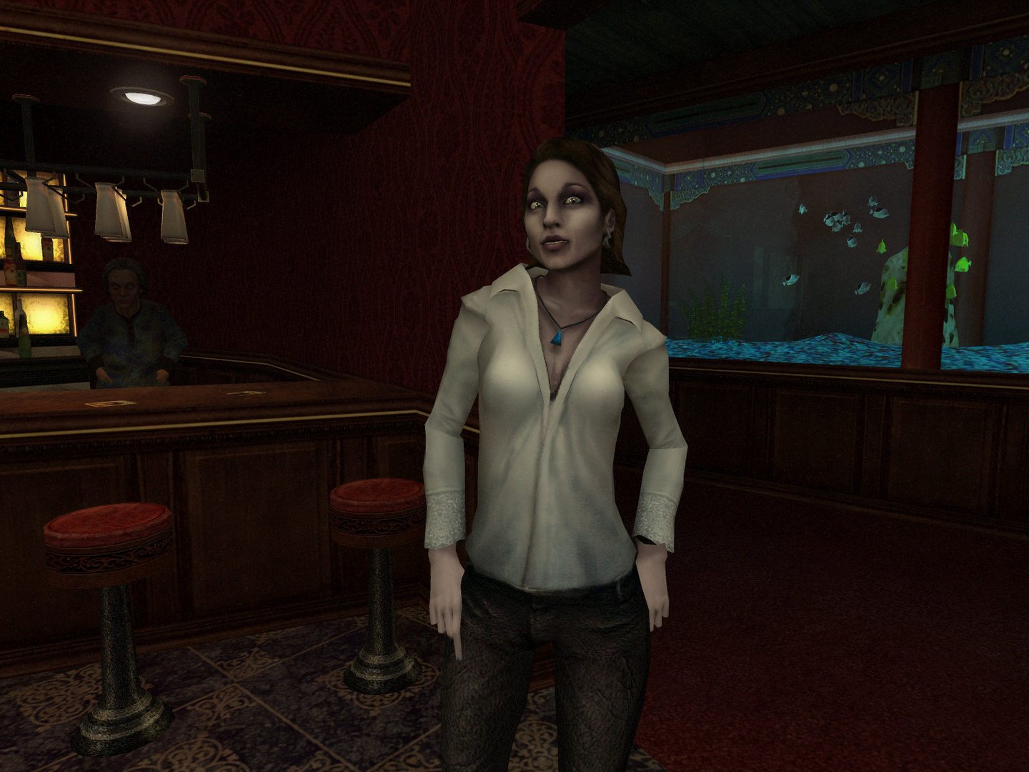 Orijinal Vampire: The Masquerade Bloodlines'ta bir barda duran vampir karakter