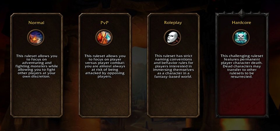 World of Warcraft: Forever Normal, PvP, Roleplay ve Hardcore ruleset seçim ekranı