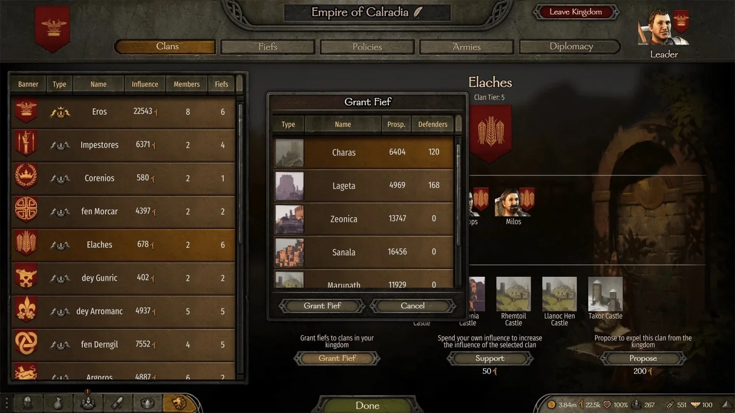 Bannerlord Diplomacy modu tımar verme ekranı