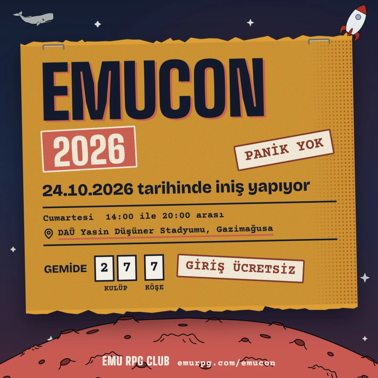 EMUCON 2026 afişi: 24 Ekim 2026 Cumartesi, 14.00–20.00, DAÜ Yasin Düşüner Stadyumu, Gazimağusa, giriş ücretsiz