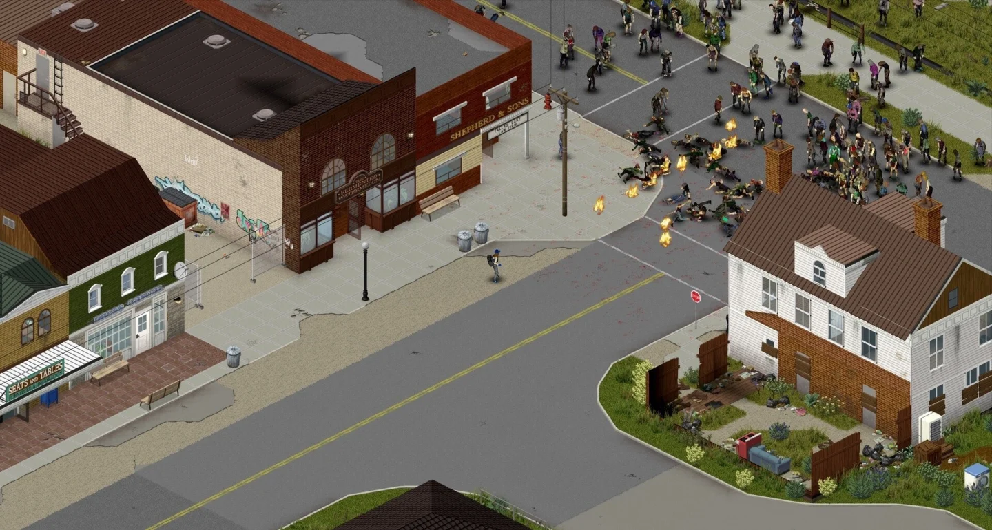 Project Zomboid Build 42 yenilenen kasaba sokağında zombi kalabalığı