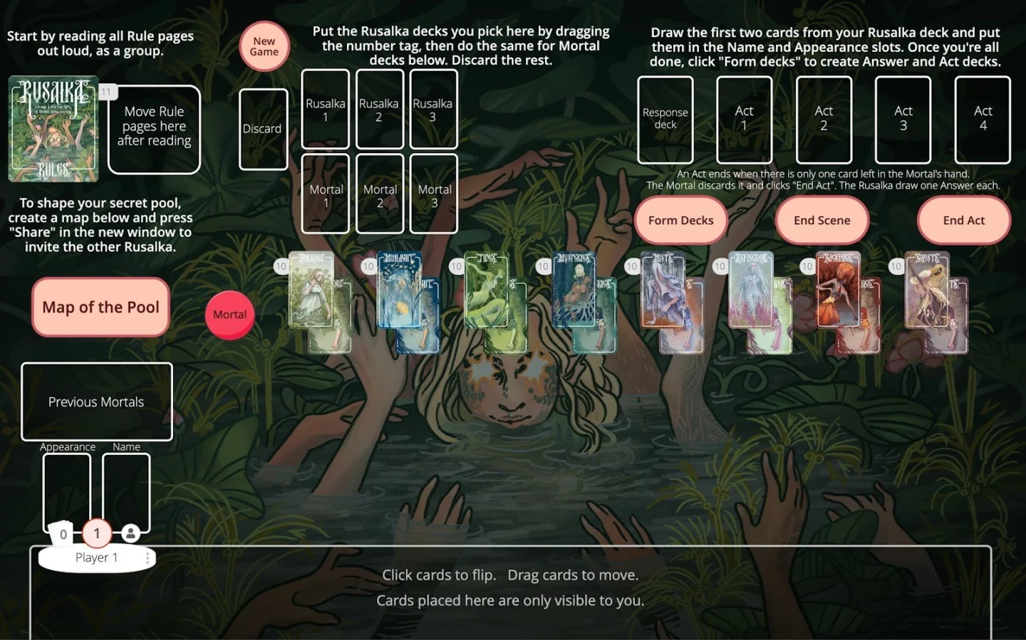 Rusałka playingcards.io sanal masası ve gölden uzanan eller