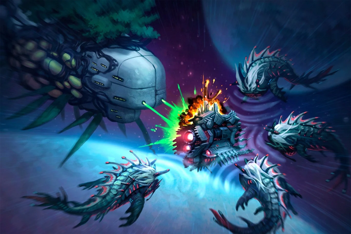 Hellknight ve Xenowarden uzay gemilerinin savaşı çizimi