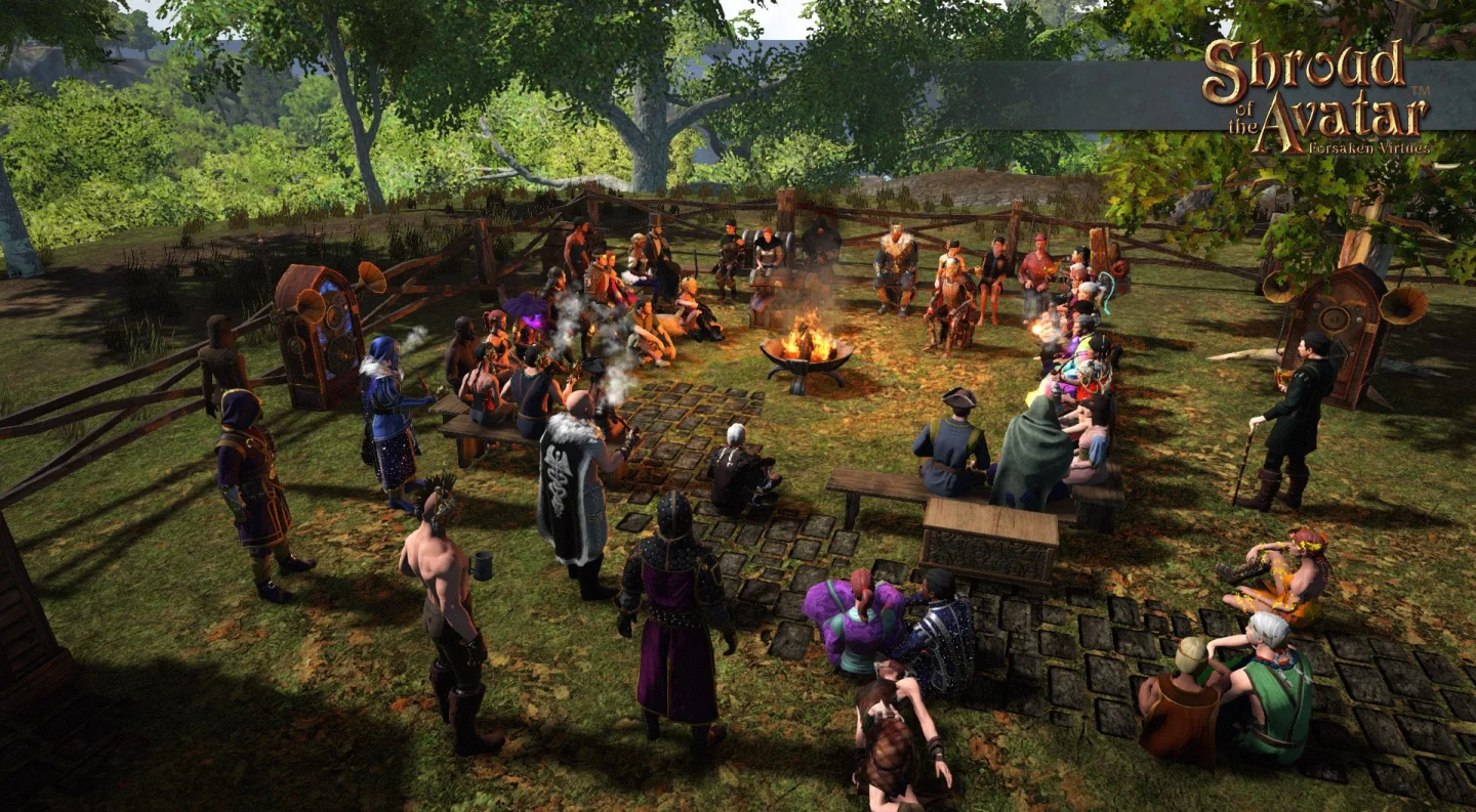 Shroud of the Avatar oyununda bir topluluk toplantısı ekran görüntüsü