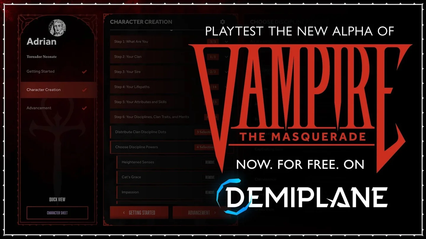 Vampire: The Masquerade 6. Baskı Demiplane alfa playtest duyuru görseli