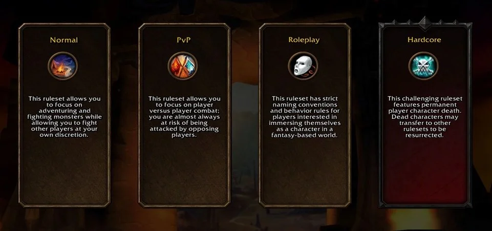 World of Warcraft: Forever Normal, PvP, Roleplay ve Hardcore ruleset seçim ekranı