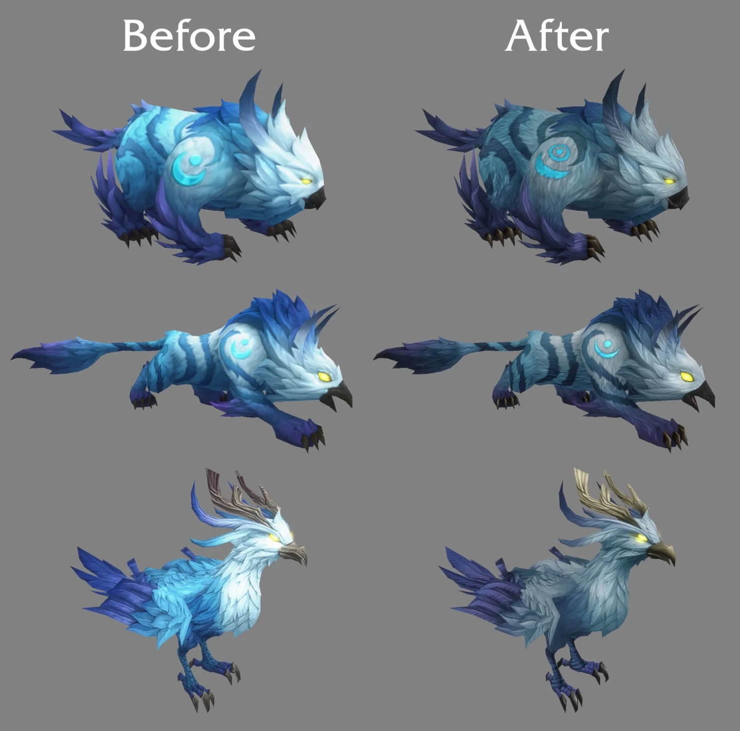 Skyborne Druid formlarının güncelleme öncesi ve sonrası karşılaştırması